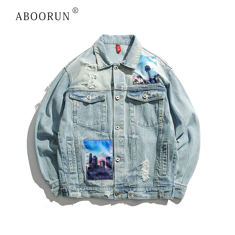 

ABOORUN Hi Street Men's Fashion Denim Jackets Patchwork Ripped Jean Jackets Hip Hop Streetwear Coat for Male R122