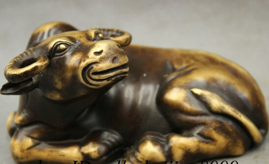 

JP S0114 Folk Chinese Pure Bronze FengShui Wealth Year Zodiac Lying Bull Ox Buff Statue (B0413)