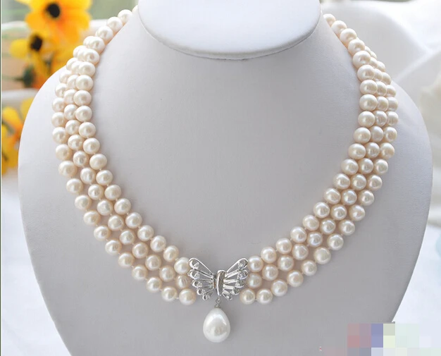 

Free shipping >>>>>>P4061 3row 9mm WHITE ROUND FRESHWATER PEARL NECKLACE butterfly