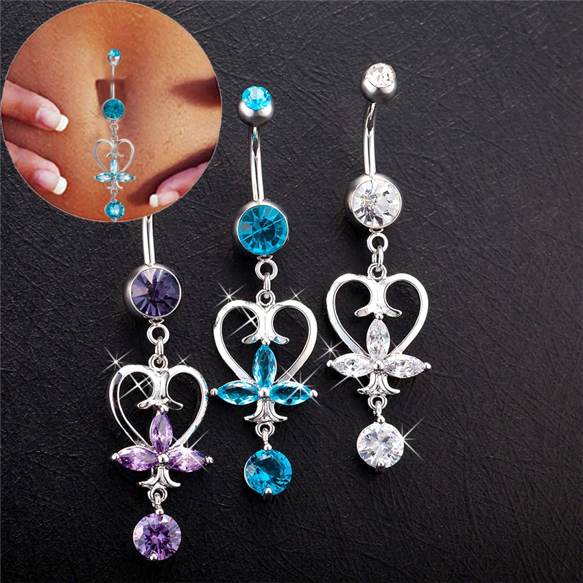 

2019 Noble Heart Dangle Piercing Navel Jewelry Belly Piercings Purple Clear Blue Cubic Zirconia Gold-Color Belly Button Rings
