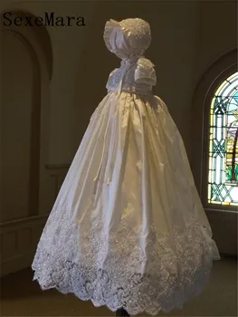 

New White Lace Pearls Baby Infant Girls Christening Gown Long Baptism Dress Toddler Robe with Bonnet Newborn Christening Dress