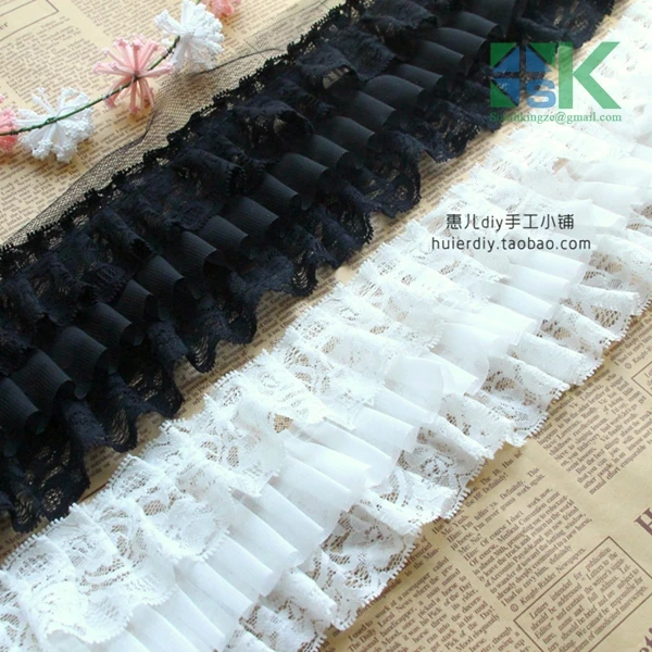 Новый Кружева оптовые 4 М/лот Черный белый шифон кружева плиссированные DIY одежда