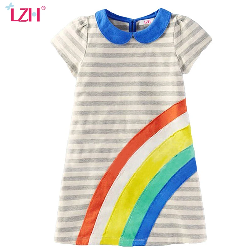 

LZH Newest 2016 Kids Baby Girls Cotton Short Sleeve Striped Summer Rainbow Dress Peter Pan Collar Sundress 2-6Y