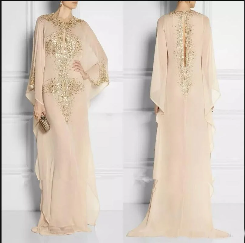 Изящный Дубайский мусульманский женский вечерние платья цвета шампанского шифоновый Кристалл прямой длинный рукав Выпускные платья одежда Формальные платья