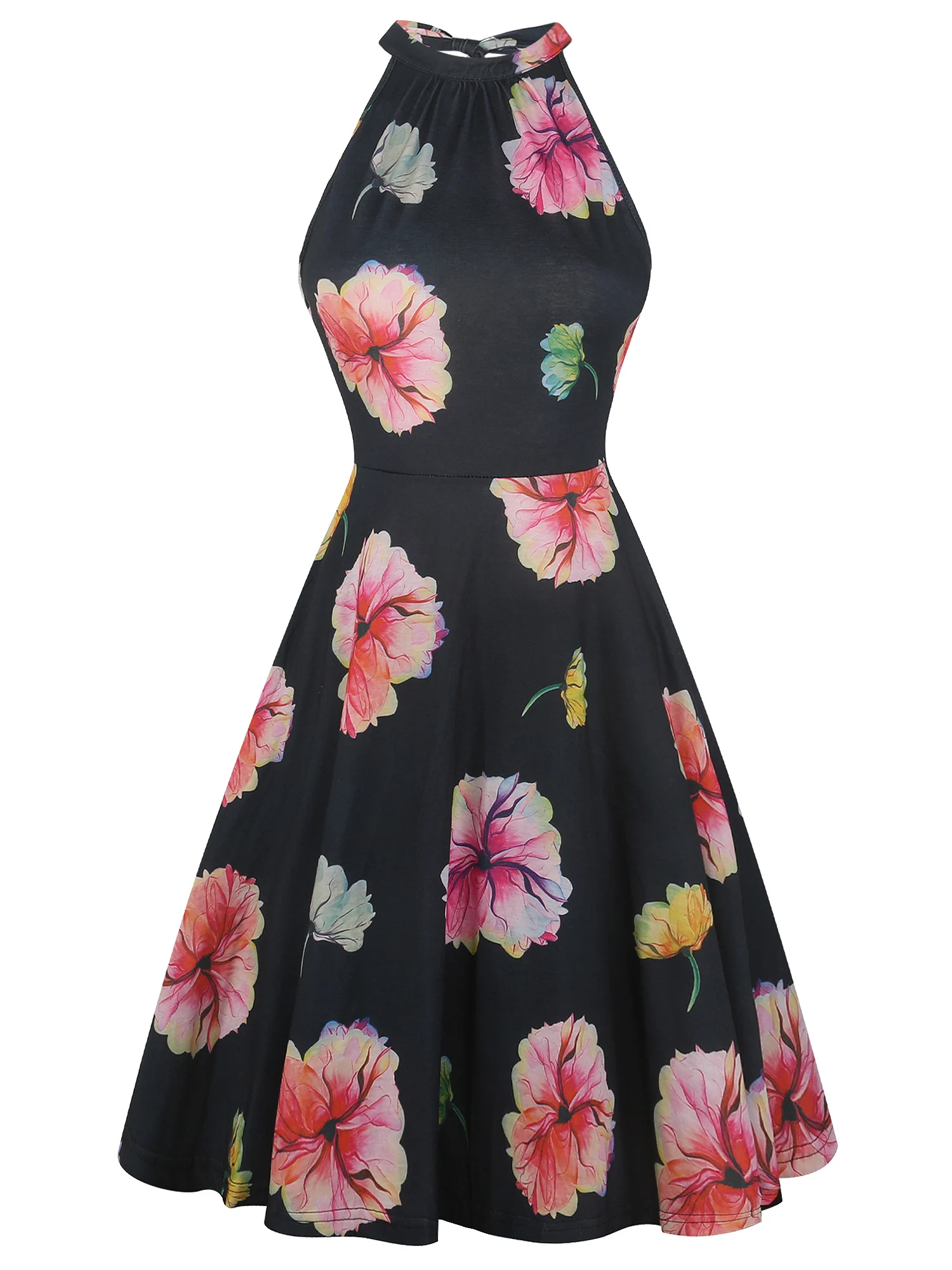 Oxiuly Women's Halter Neck Boho Floral Print Casual Sleeveless Bodycon Hollow out Back A-Line Wrap Dress
