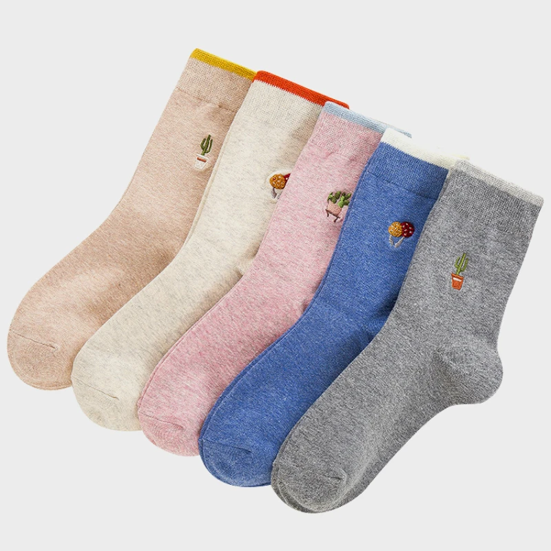 Новые Женские однотонные модные хлопковые носки без пятки высокого качества с вышивкой, 5 пар