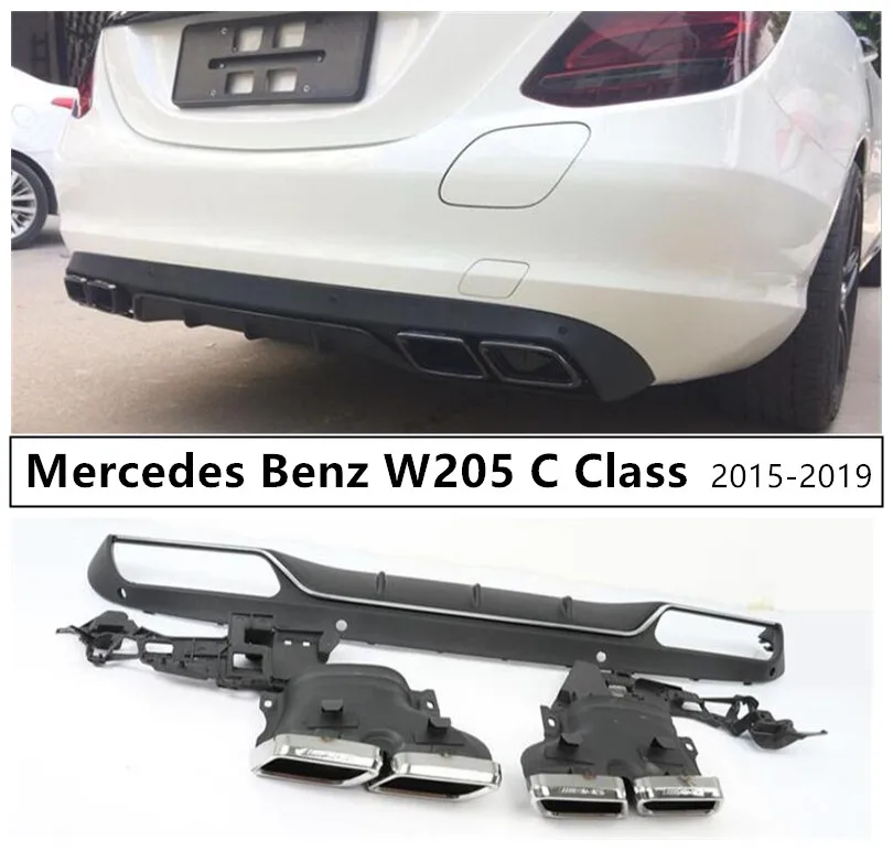 For Mercedes Benz W205 C Class C180 C200 C260 C300- Rear Lip Spoiler& Exhause High Quality PP Bumper Diffuser