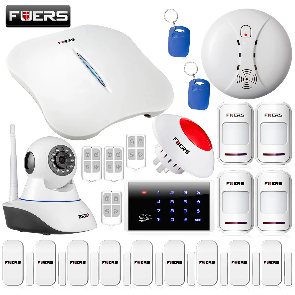 

Fuers home security PSTN wifi alarm system with message push APP control with wireless Smoke sensors indoor siren wifi IP camera