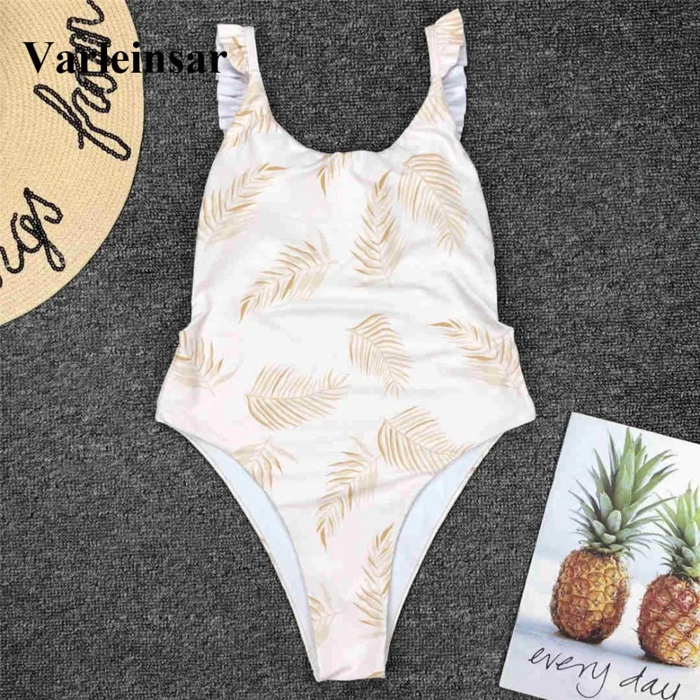 

NEW 2019 Women Swimwear High Waist Backless One Piece Swimsuit Female Bather Leaves Printed Bathing Suit Swim V1425