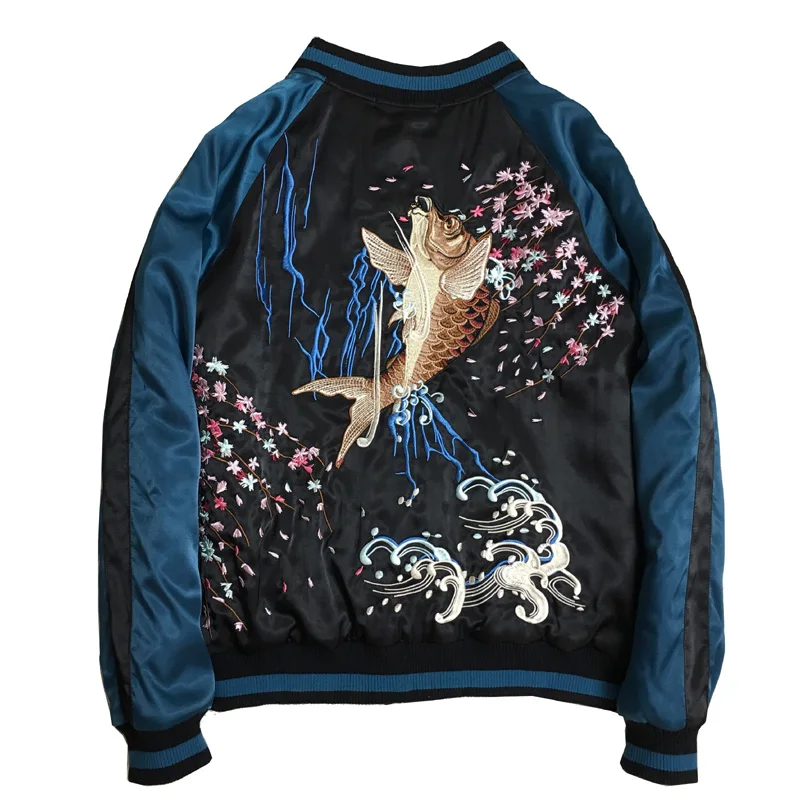 Luxury Carp Embroiderey Jacket for Men Clothing Smooth Satin Yokosuka