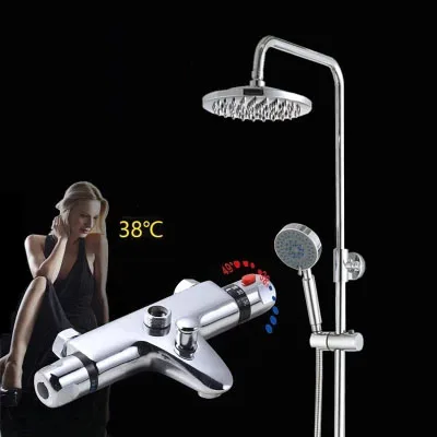 

Wall Mounted Chrome Brass Thermostatic 8 inch Bathroom Shower Faucet Mixer Taps Dual Handle with Hand Held Shower Chrome Finish