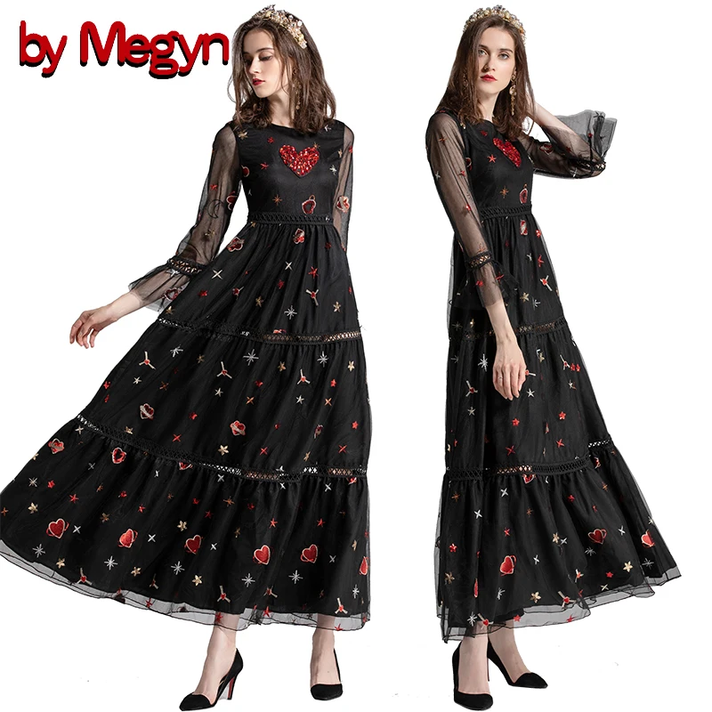 

by Megyn women maxi dresses sexy patchwork hollow out love sequined beading embroidery black mesh party long dress for female