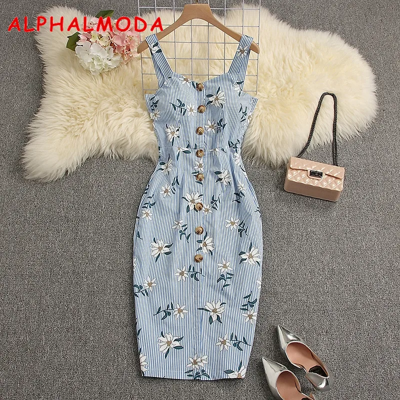 

ALPHALMODA 2019 Summer Women Padded Tank Dress Single Breasted Middle Slit Ladies High Waist Step Dress Vocational Casual Dress
