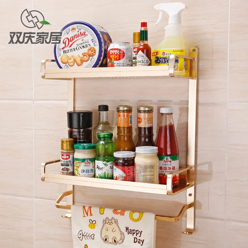 

High-grade Gold Space Aluminum Double Storage Rack Bathroom Bathroom Multi-function Wall Hanging Rack Free Punch