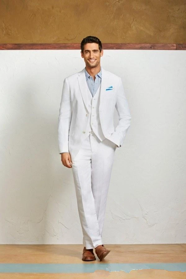 Traje de lino blanco para hombre, traje 3 piezas para boda y playa, esmoquin de solapa con muescas, 2 botones, chaqueta + Pantalones + Trajes| - AliExpress