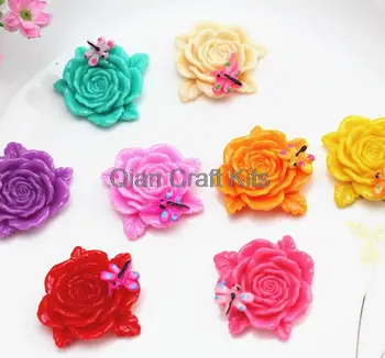 

100pcs mixed colors flower with dragonfly resin cabochons (38x30mm) scrapbooking decoden hair accessories DIY large rosette