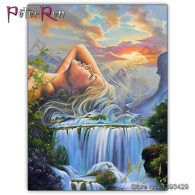 

Female Waterfall for diamond embroidery Painting mosaic picture of rhinestones Cross stitch Landscape Full Needlework girl view