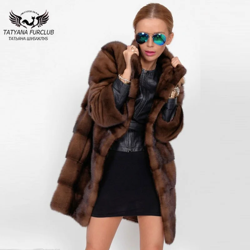 Женская шуба из натурального меха норки Tatyana Furclub длинная кофейного цвета с