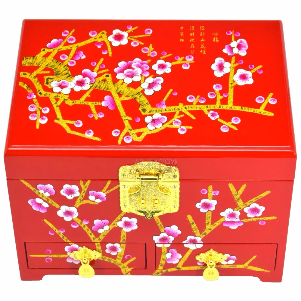 

Beautiful 3 Layer Wood Wedding Flower Jewelry Box with Mirror Drawer Chinese Retro Woman's Dressing Display Box Carrying Case