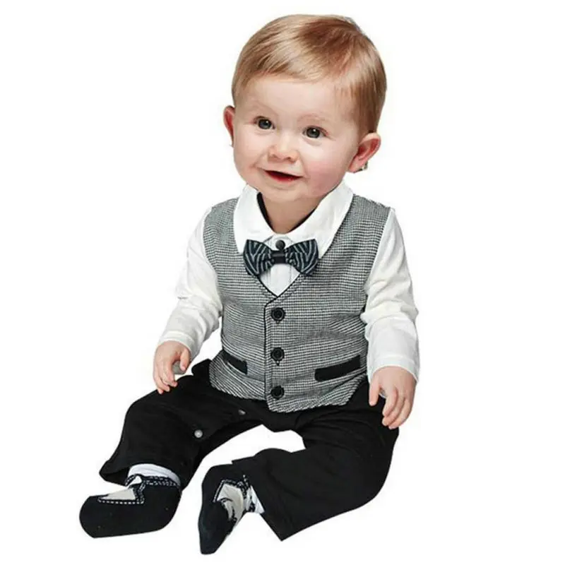 Nice Boy Baby Infant Formal Gentleman Clothes Button Necktie Suit Romper 0-18M