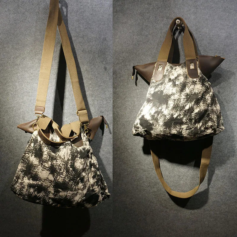 

Fashion Cow Genuine Leather Linen Handbag Big Capacity Dual-use Crossbody Bag