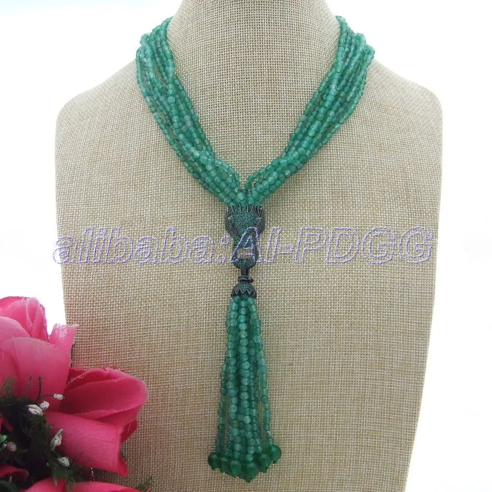 

S071006 7 Strands Fringle Green Faceted Agate Necklace Cz Pendant