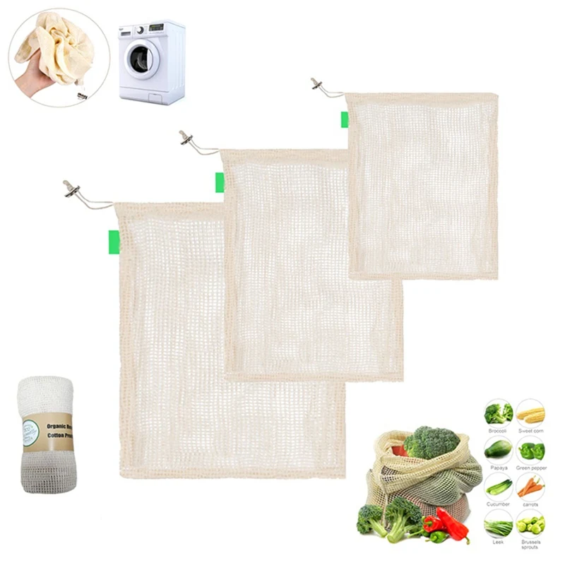 

3pcs/set Degradable Organic Cotton Mesh Bag Vegetable And Fruit Cotton Net Bag Reusable Bag To Reduce Carbon Footprint