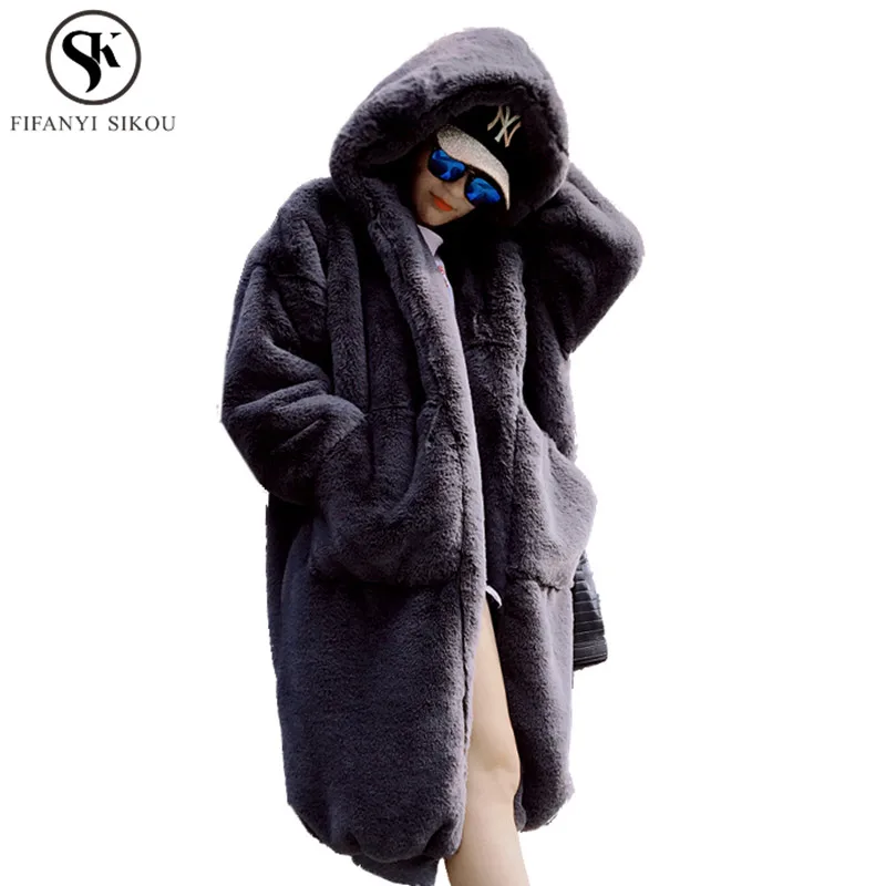 Dames Haute Nouveau Taille Fourrure Femmes Chaud Mode Long Lapin D'hiver Épaissir Manteau Manteaux La 2018 Gray dark Lp39 Black Qualité Faux Plus Rex De q7U684tw