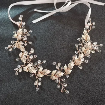 

SLBRIDAL Handmade Rose gold Clear Crystal Rhinestone Floral Leaf Wedding Hair accessories Hairband Bridal Headband Women Jewelry