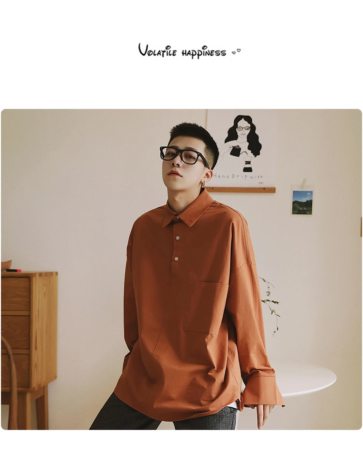 Мода 2018 высокое качество Японский ретро Одноцветный обруч рубашка с длинными рукавами для мужчин's Модная рубашка свободная куртка