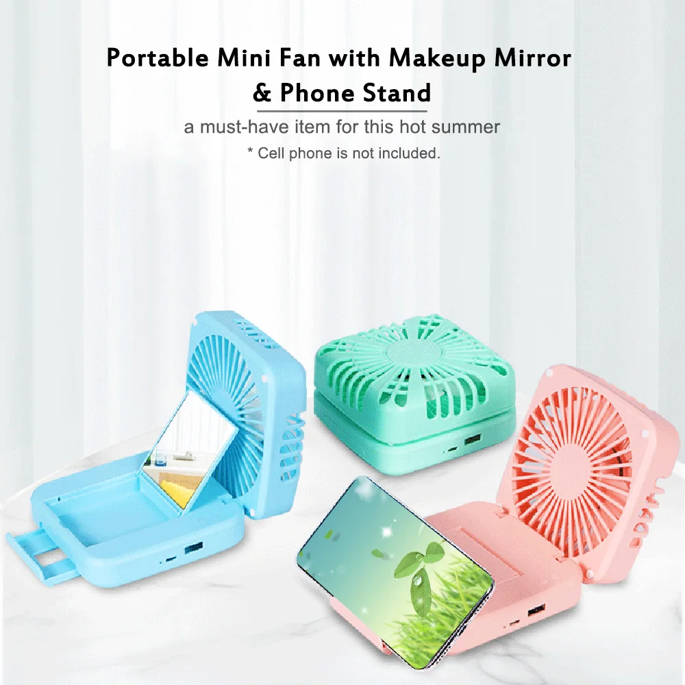 Мини-вентилятор с зеркалом для макияжа Кронштейн для мобильного телефона Зарядка USB Перезаряжаемый электрический настольный вентилятор для офиса путешествия на открытом воздухе складной