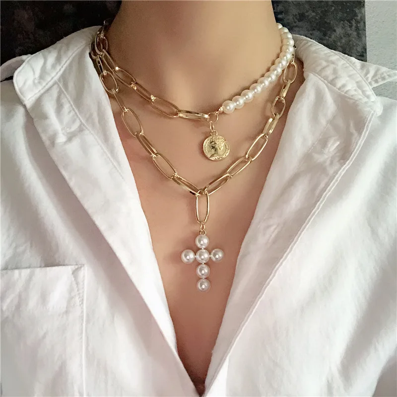 

New Design Imitation Pearls Choker Necklace Female Cross Pendant Necklaces for Women Girls 2019 Fashion Gold Coin Head Jewelry
