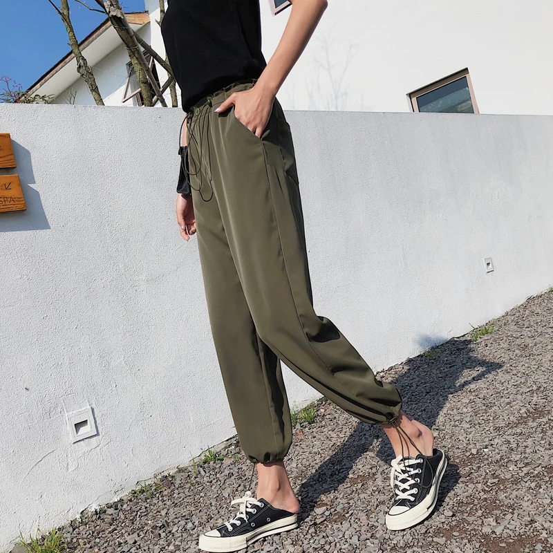 

Cargo pants casual wild fashion loose harem pants 2019 summer pockets high waist ankle length vintage large size pants women