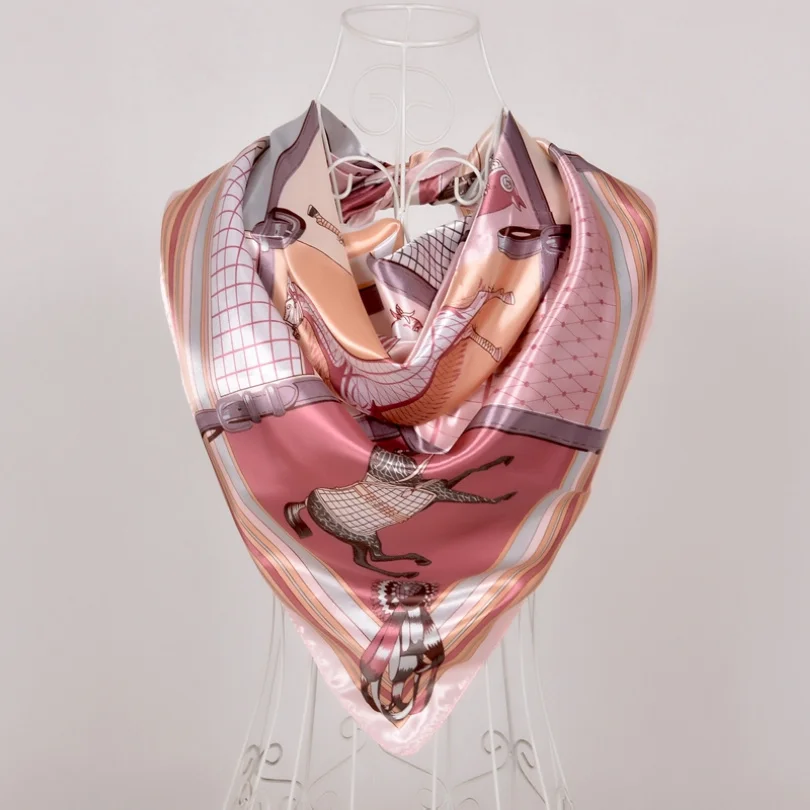 Elegant Navy Blue Silk Scarf with Chinese Rose Design - Large Square Ladies' Fashion Accessory