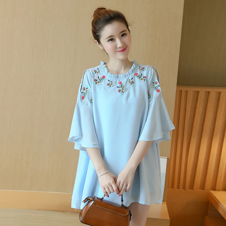 

Pengpious pregnant woman round collar chiffon short sleeve embroidery dress maternity plus size chiffon blouses flare sleeve
