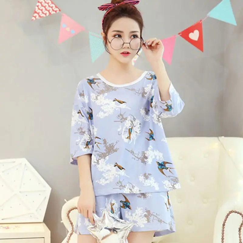 

Women Summer Sweet Pajamas Set Swallow Printed Half Sleeved Night Shirt Shorts Woman Suits Sweet Home Cotton Women Sleepwear Set