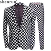 SHENRUN-traje a la moda para hombre, conjunto de 2 piezas con estampado a cuadros en blanco y negro, último diseño de abrigo, pantalones, cantante de escenario de boda, traje ajustado ► Foto 1/6