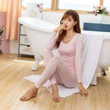 Бесшовные облегающие брюки топ костюм женский зимний теплый однотонный кружевной круглый вырез с длинным рукавом Нижнее белье пижамы женские бархатные толстые пижамы