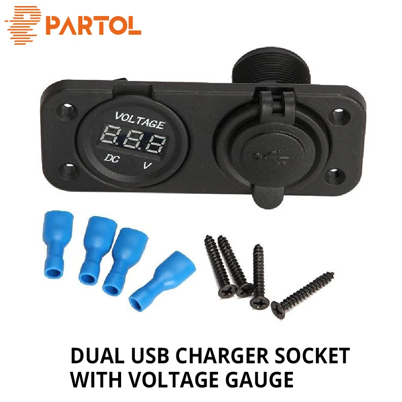 

Partol Universal Dual USB Charger Socket with Voltage Gauge Auto Moto LED Digital Battery Voltmeter Tester For Car ATV Phone