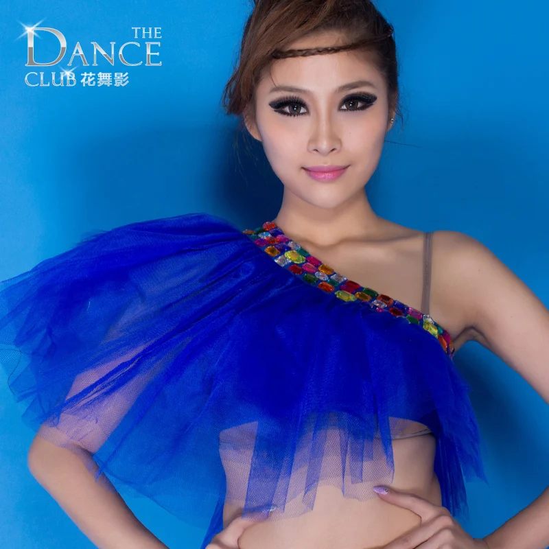 

Chinese Folk Dance Top Net Yarn Diamond Flowers Multicolour Fashion Costume Top Performance Oblique Gauze Tube Dance Top