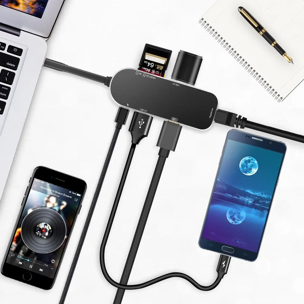 Алюминиевый концентратор Moveski YC206 Тип C 7 в 1 адаптер USB 3 зарядный порт с 4K HDMI портом