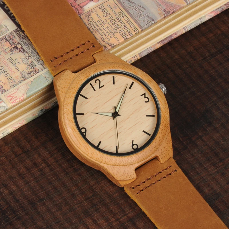 BOBO BIRD Bamboo Men Watches With Night Light Pointer Real Leather Quartz Watch relogio masculino Gift for Man Accept Logo W-A40