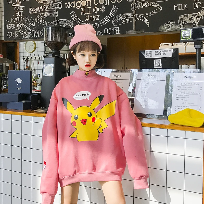 حار بيع إمرأة البلوز الياقة المدورة لطيف Bikachu الكرتون عارضة كبيرة حجم M-2XL شيك كم طويل الأزياء الوردي جديد البلوز