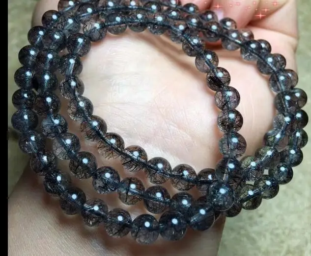 

FREE SHIPPING Natural Black Hair Rutilated Quartz Bracelet Crystal Beads AAA 6mm 3rows