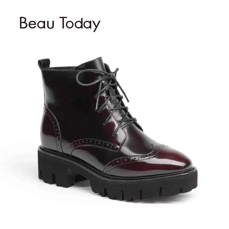 

Beau Today Ankle Boots Brogue Genuine Leather Woman Shoes Quality Cow Leather High heel Platform Boots Ladies 05312
