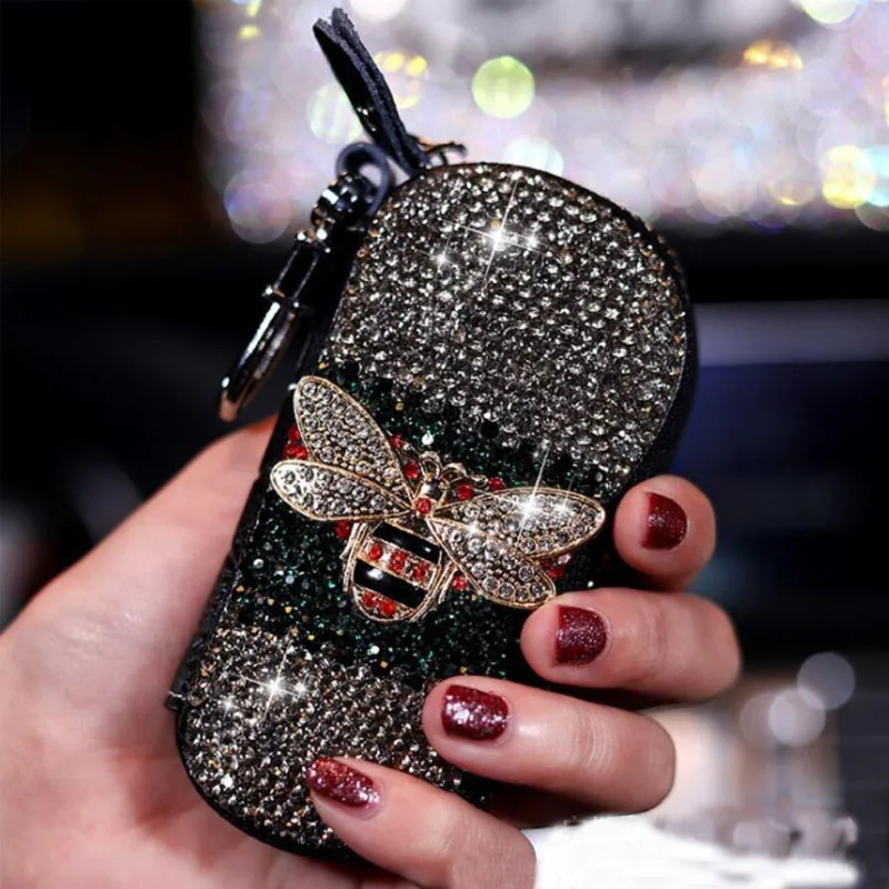 Comprar Bolsa para llaves de coche Bee Cute Diamond Multi función cremallera llavero Universal señora Licencia de Conducir organizador Auto llavero Accesorios