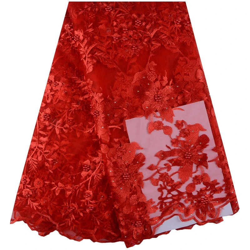 

Red Color New Design African Lace Fabrics High Quality French Lace Fabric For Party Dress Nigerian Beaded Lace Fabric