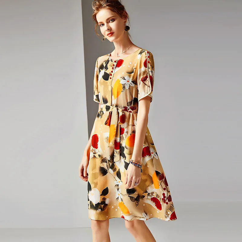 

2019 Summer Women's Round Collar Short Sleeve 100% Real Silk Printing A-line High Quality Casual A-line Dresses R10471