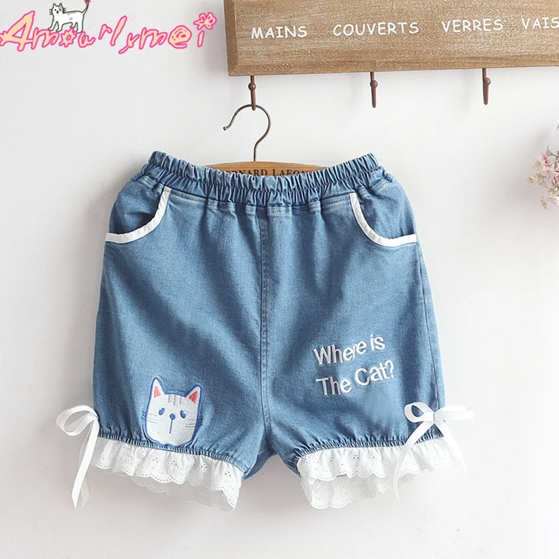 

Japanese Style Mori Girl Cute Cat Embroidery Bow Lace Elastic Waist Denim Shorts 2019 Summer Women Shorts Jeans