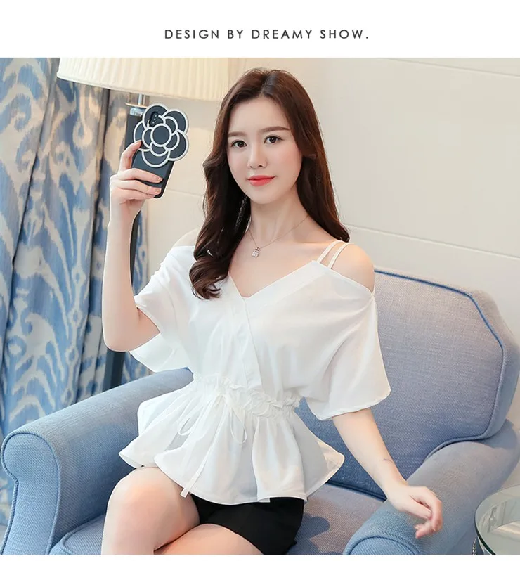 2018 Women Tops Summer Sexy Off Shoulder Blouse Ladies V-neck Short Sleeve Peplum Tops White Shirt Femme Chiffon Blusas Mujer  (2)